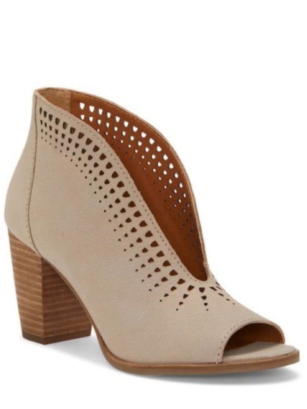 Lucky Brand Women's Joal Leather Pump Beige Peep-Toe Cutout Block Heel Bootie